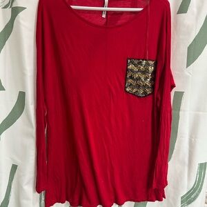 Red Long Sleeve Top with Sequin Pocket